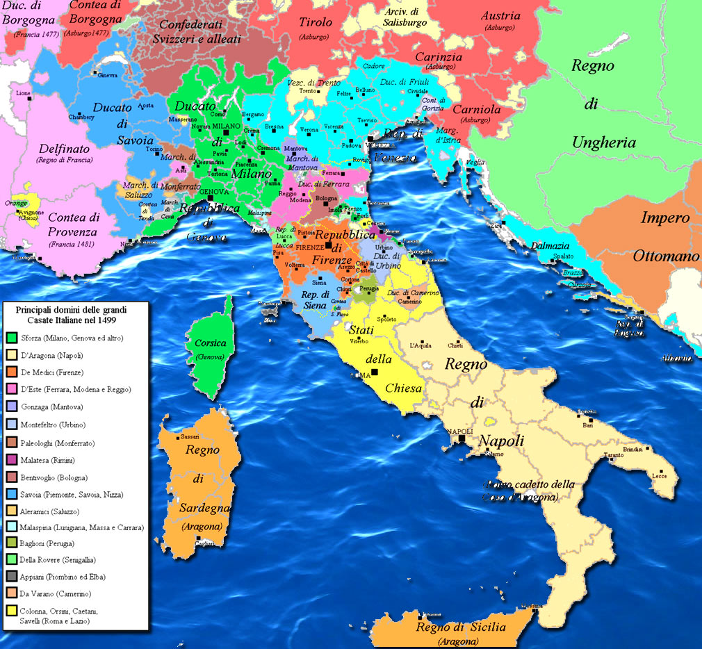 Mappa d’Italia durante la Guerra della Lega di Cambrai (I territori di colore azzurro sono della Repubblica di Venezia) - www.irog.it