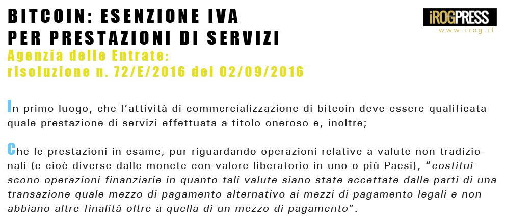 BITCOIN: ESENZIONE IVA PER PRESTAZIONI DI SERVIZI - www.irog.it